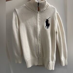 Ralph Lauren Cream Full-Zip Knit Sweater with Navy Polo Emblem